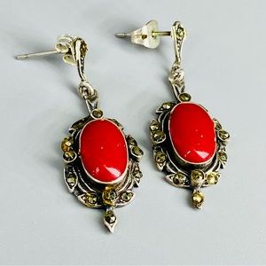 Vintage Sterling Silver Coral Red Cabochon & Marcasite Stones Earrings 1980s